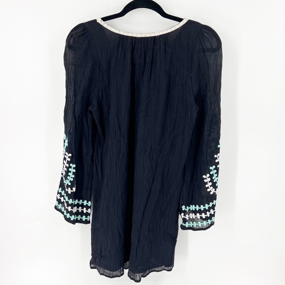 ✅ UMGEE BLACK WHITE TEAL BOHO EMBROIDERED SCOOP‎ NECK TUNIC DRESS SIZE MEDIUM - Picture 2 of 4